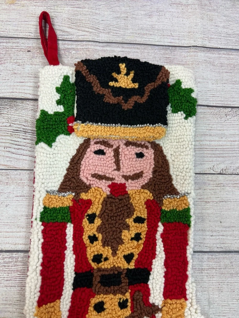 Pier 1 Imports Nutcracker Christmas Stocking Hooked Rug Yarn 3D Hat Holiday